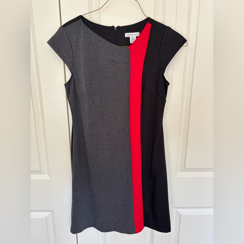 Liz Claiborne Women’s Career Black Gray Red Sheath Dress Size 12 Cap Sleeve Zip